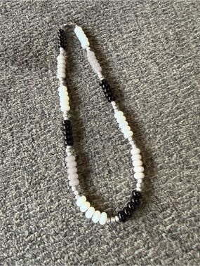 Handmade Black, White, Silver Beaded Necklace